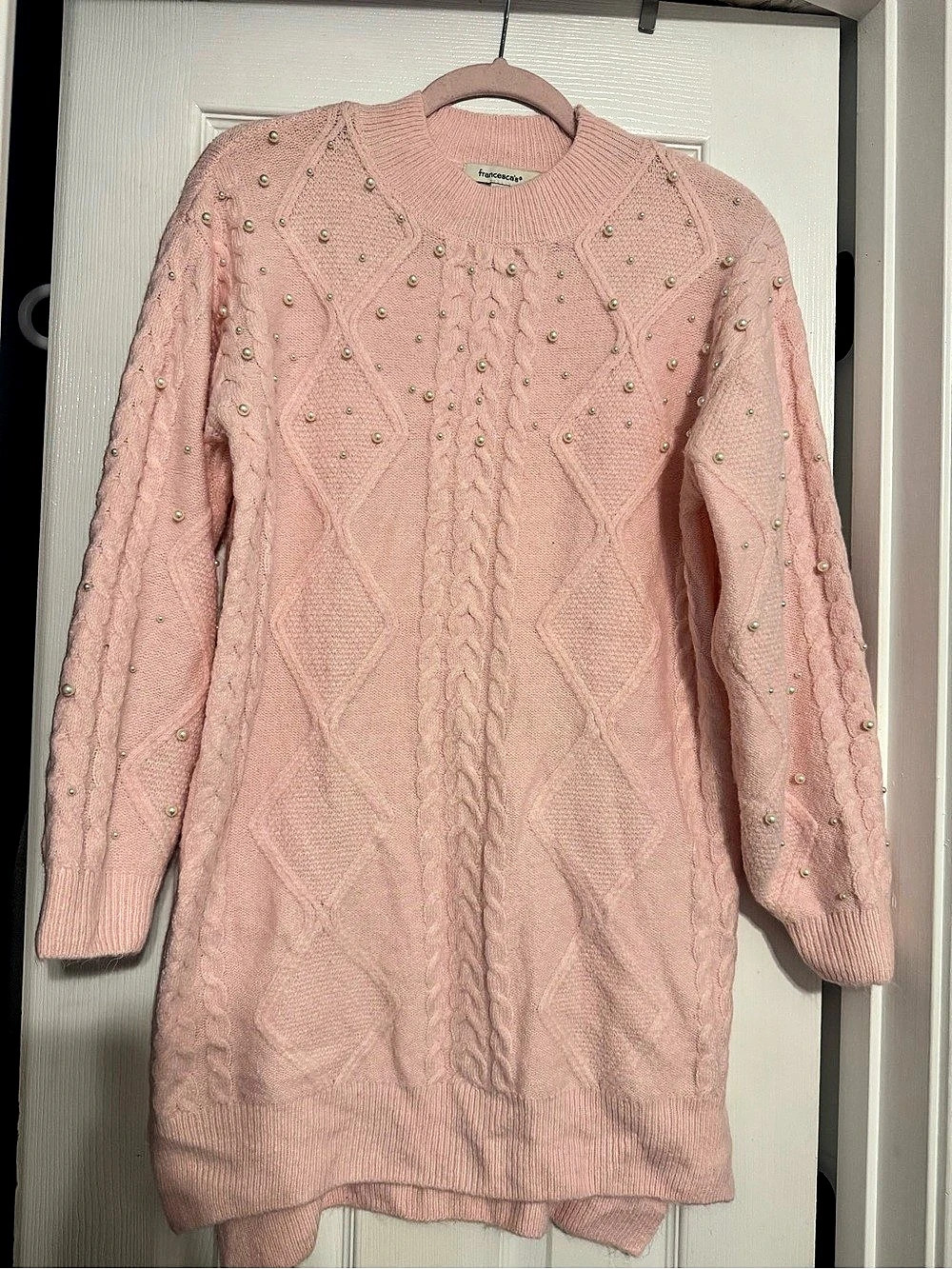francesca's Beaded Cable Knit Sweater in Pink Size Medium